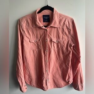 Ladies American Eagle Peach Corduroy Button Up Shirt Size L